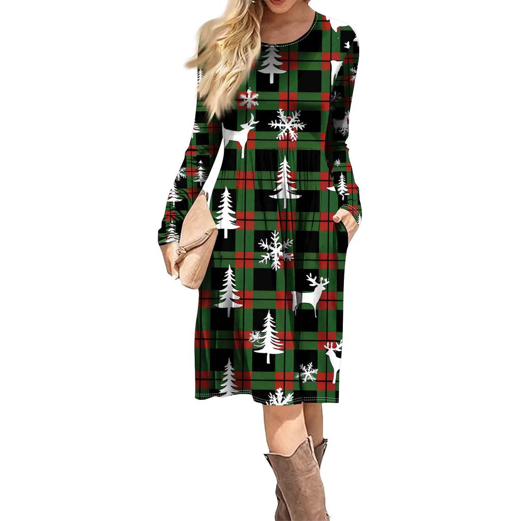 Rochie casual de damă cu imprimeu gradient, de primăvară, cu buzunar, cu gât rotund și mâneci lungi