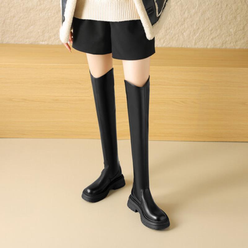 Autumn and Winter Leather Over-knee Boots Women's Medium Heel Large Size Comfortable Leather Boots Square Heel Rubber Sole Thick Sole Non-slip Martin