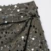 Women Sequins Mini Skirt with Cross Front Twist Detail Side Slit Hidden Zipper Closure Nightclub Short Skirt