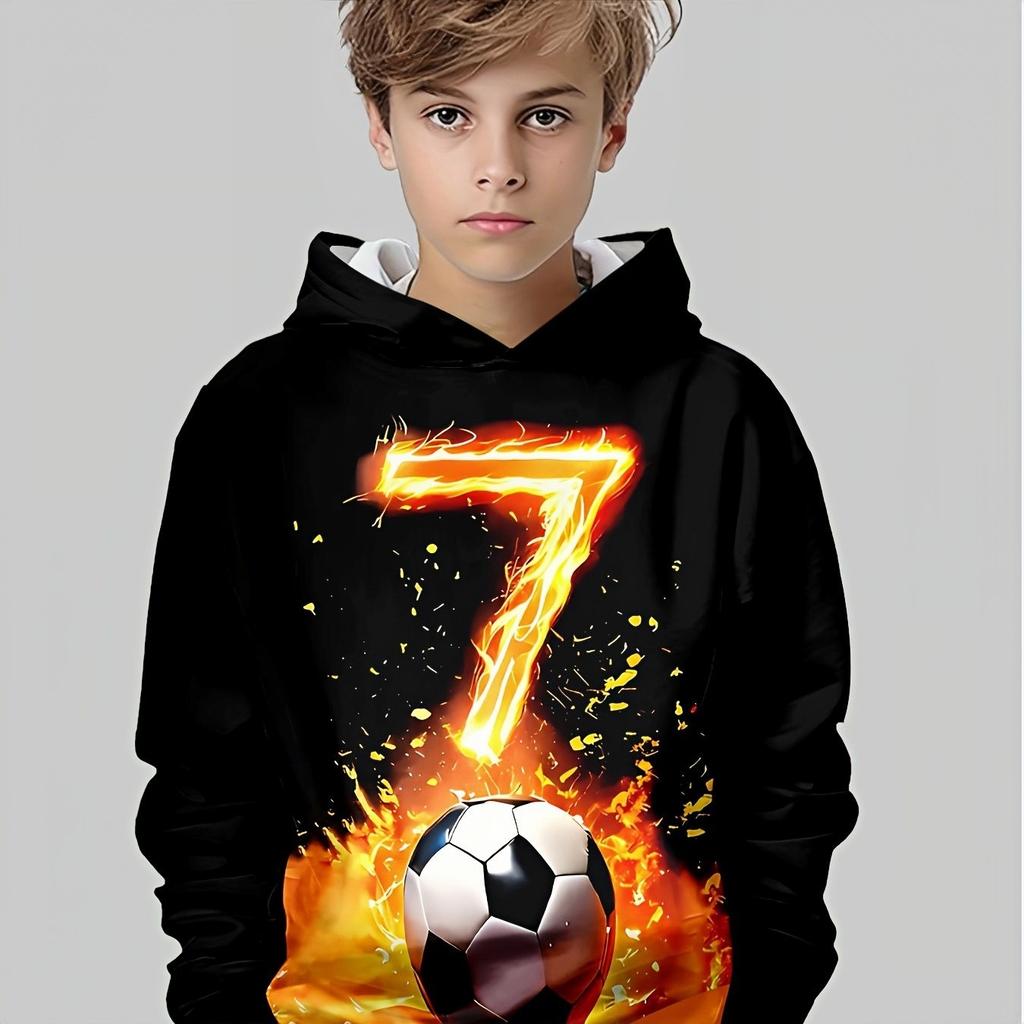 Boys' Fashionable 3D Printed Casual Hooded Sweatshirt, Football Spring and Autumn Winter Long Sleeved Sportswear, Size 7