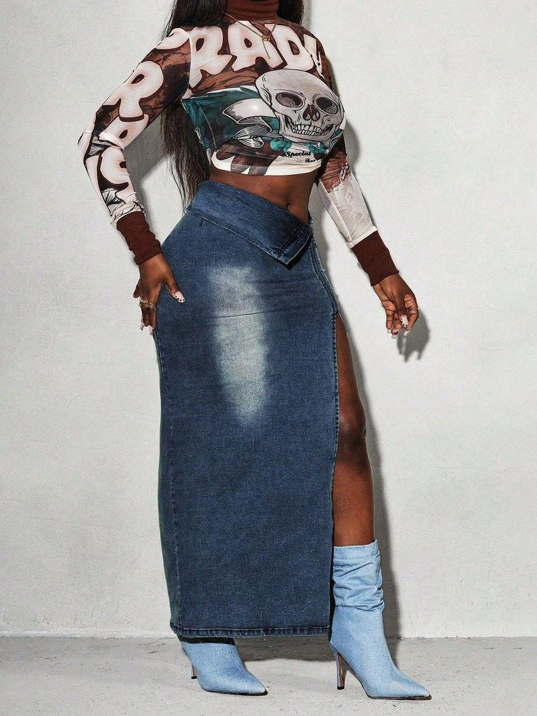 Women's INS Fashion Casual Slit Denim Midi Skirt