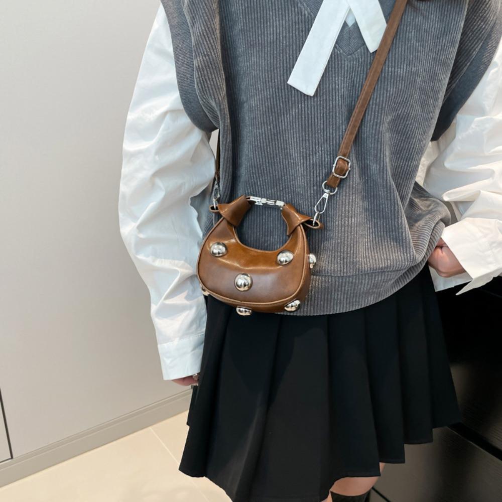 

PU Single Shoulder Bag Korean Style Lipstick Storage Bag Fashion Mini Riveted Handbag Women кавовий