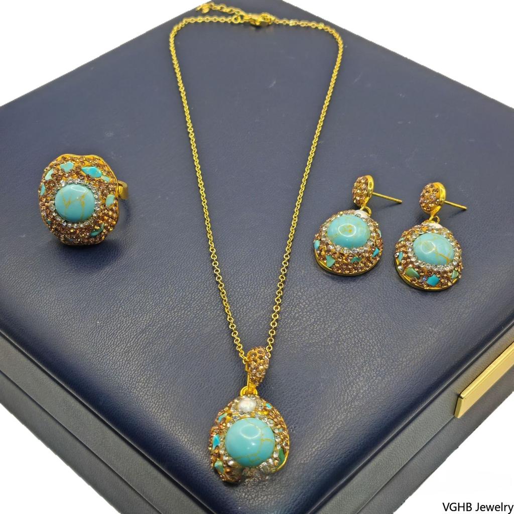 Natural turquoise pearl earrings three-piece set niche design high-end inlaid rough stone necklace jewelry set women