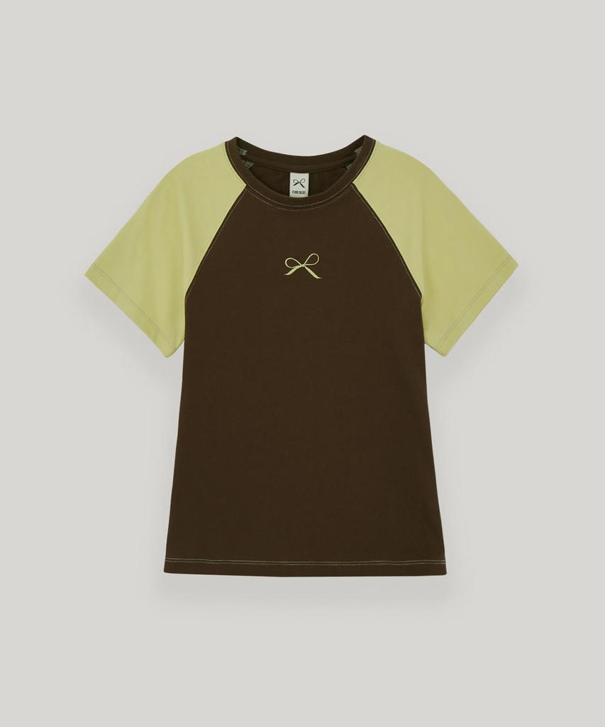UBEIGE Color Block Raglan Ribbon Short Sleeve T-Shirt (Brown/Olive)