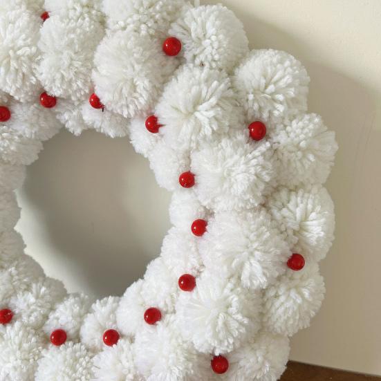 Plush Christmas Wreath White Fuzzy Pom Pom Ball Wreath with Red Bow And Berries for Home Window Fireplace Wall Door Holiday Decor