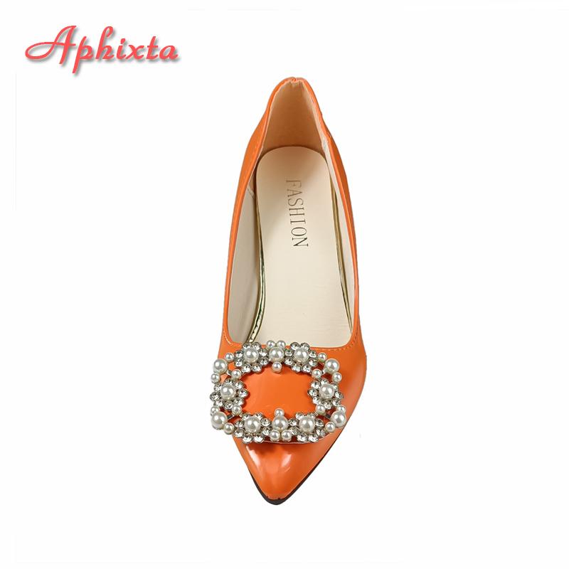 Aphixta Nouveaux Escarpins Femme Orange Luxe Boucle Perle Talon Carré 7cm Cuir PU Officiel Bout Pointu Chaussures Super Grande Taille 49 50