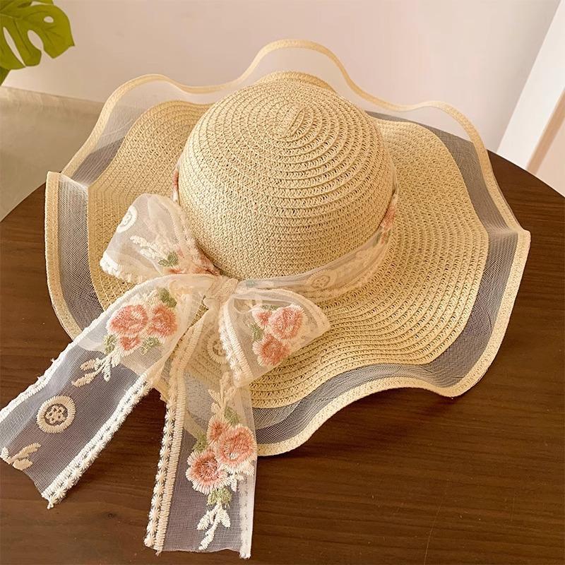 Lace Bow Straw Hat Women's Summer French Large Brim Sunscreen Hat Seaside Beach Vacation Sun Hat