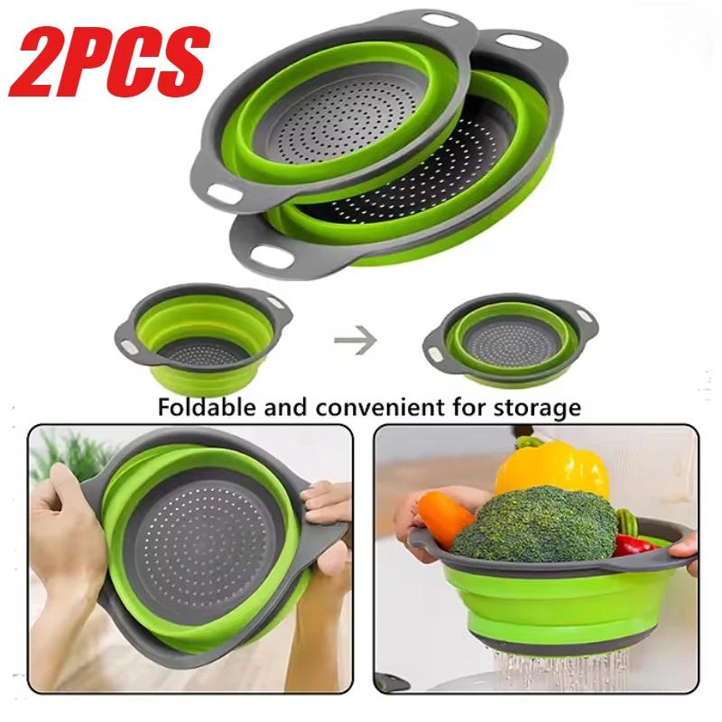 2PCS Silicone Folding Drainer Basket Fruit Vegetable Foldable Colander Kitchen Strainer for Food Pasta Kitchenware Drain Device