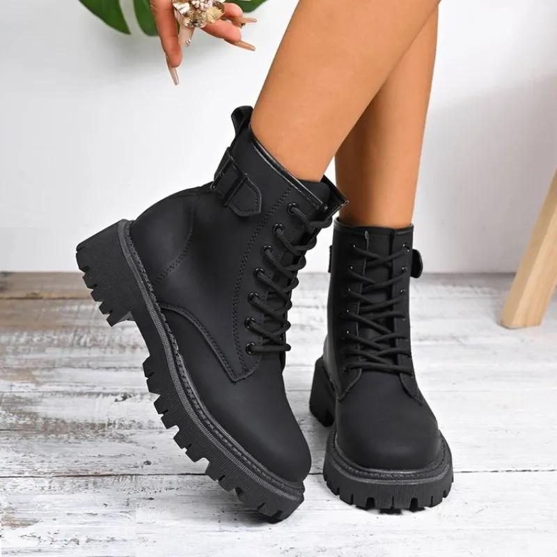 Fashion British Platform Plus Size Women's Boots Classic Big Toe Booties Lace-Up Versatile Casual Shoes