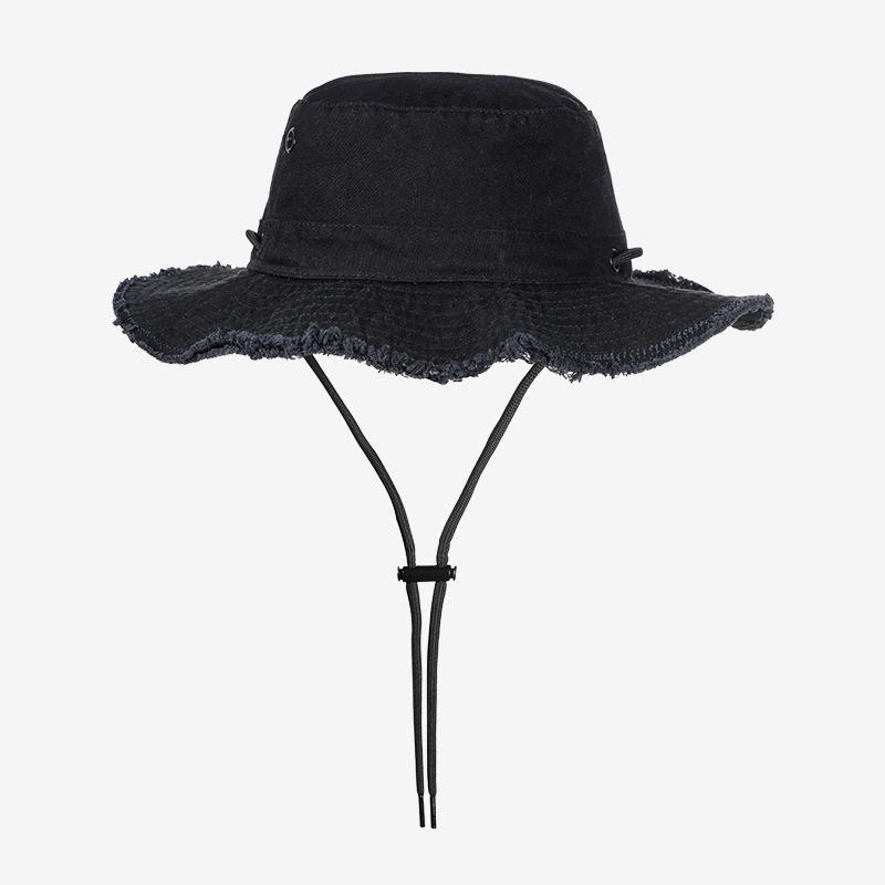 Zealous Sole Women's Black With Windproof Rope Wide Brim Frayed Edge Bucket Hat For Summer Sun Protection Foldable Hiking Hat 100% Polyester Outdoor 56-58Cm