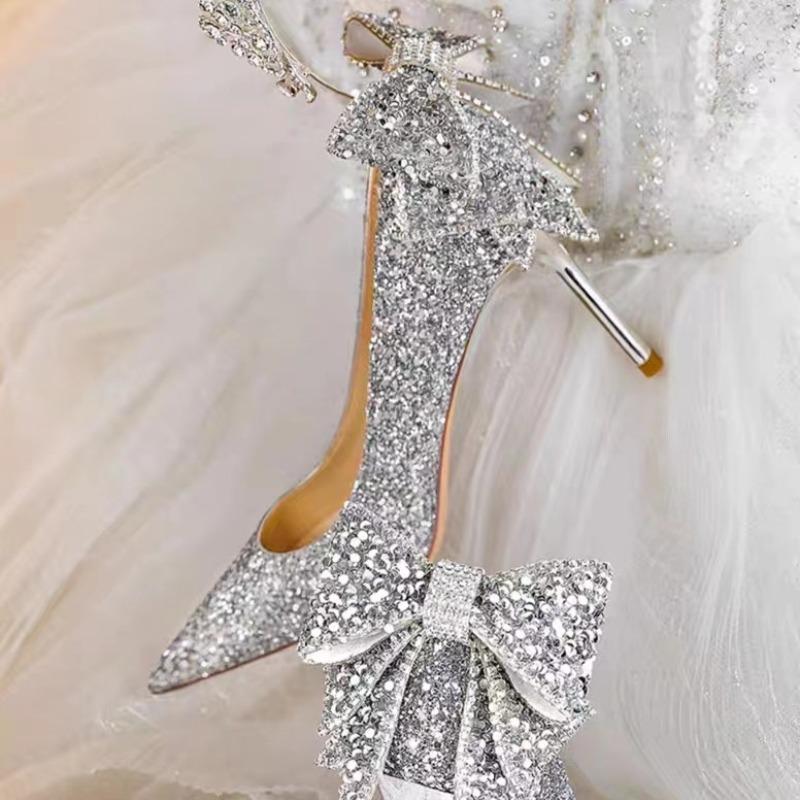 Full Diamond Thin Heel Single Shoes Autumn New Pointed Toe Shallow Cuff Foot Bow Non-slip Wear-resistant High Heels