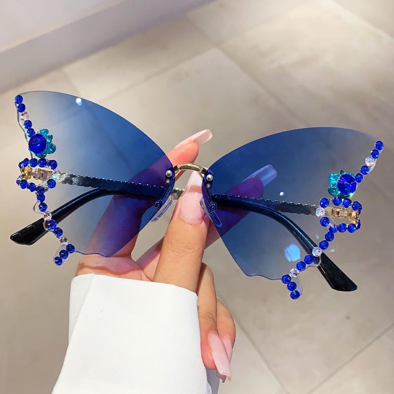 Rimless Butterfly Sunglasses with Rhinestones  New Gradient Multicolor Women Shades Trendy Oversized Party Eyewear