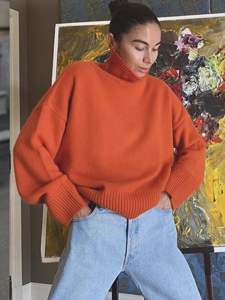 Russia Hot Sale Solid Color Women's Knitted Pullover Turtleneck Loose 066