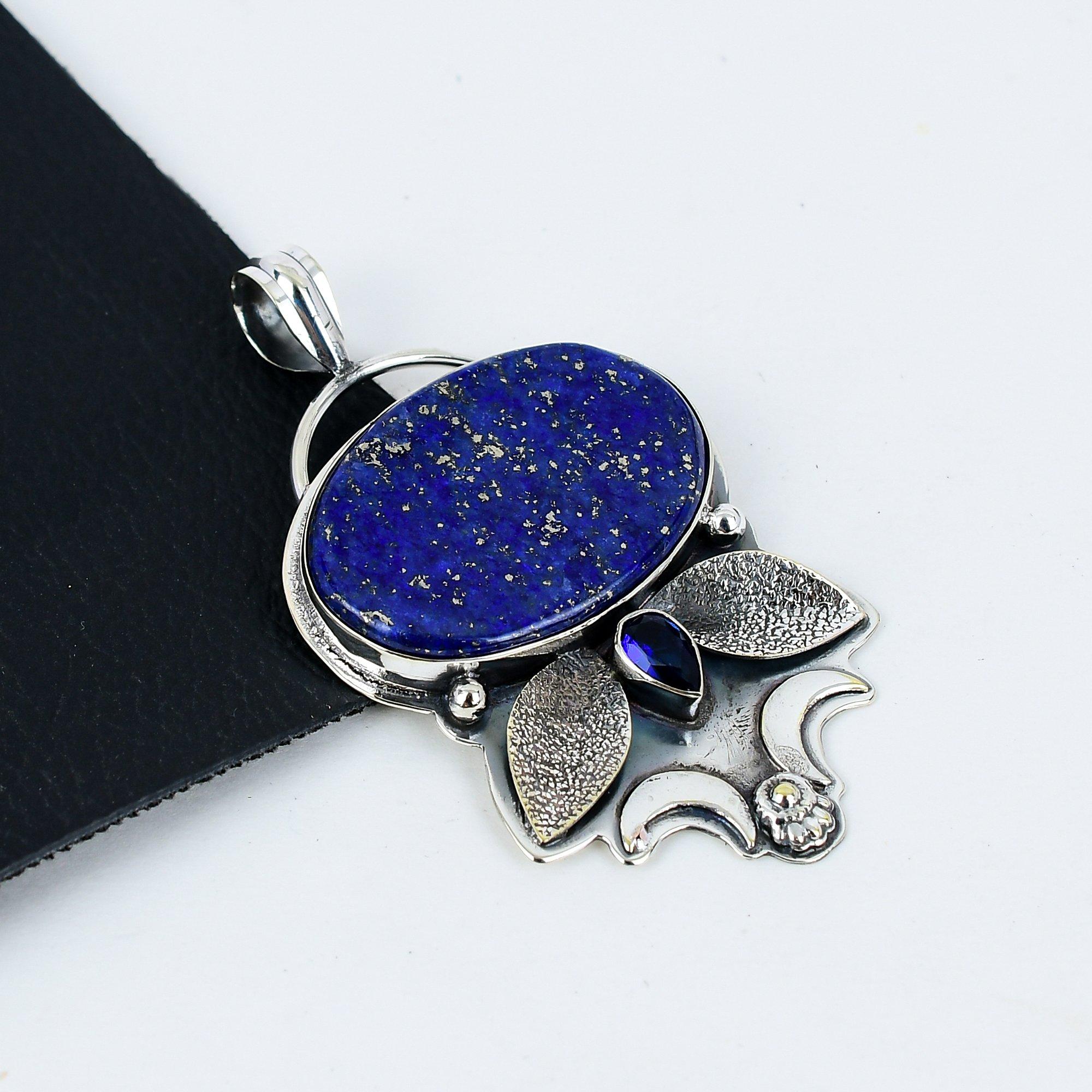 

Natural Lapis Lazuli, Blue Sapphire Gemstone Silver Pendant in 925 Sterling Silver- Handmade Design, Everyday Wear Jewelry, Unique Pendant Gift 2.55 синий