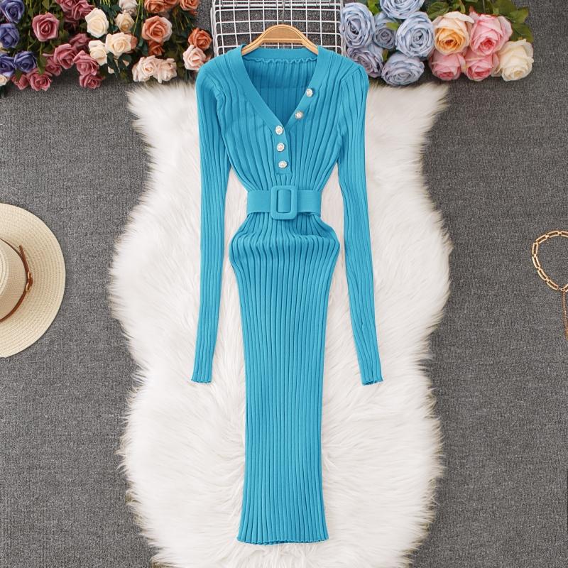 

Осінньо-зимовий жіночий елегантний в’язаний светр з V-подібним вирізом, офісна робота, тонкі облягаючі сукні-футляр з поясом One Size