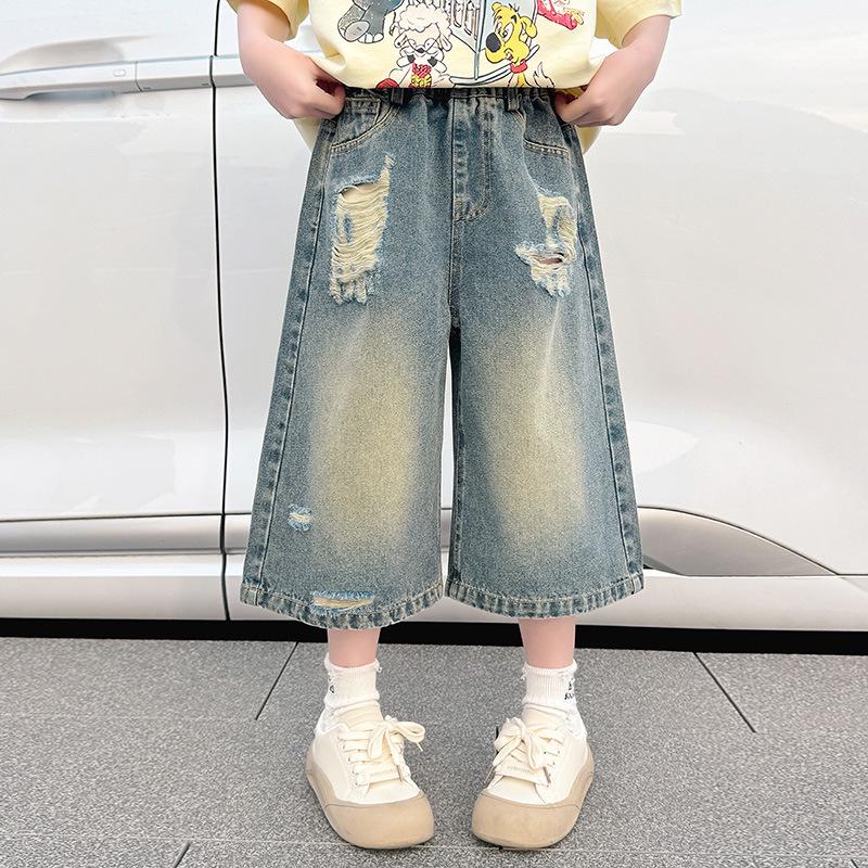 Girls' Summer Denim Wide-Leg Capri Pants - Ripped Korean Style
