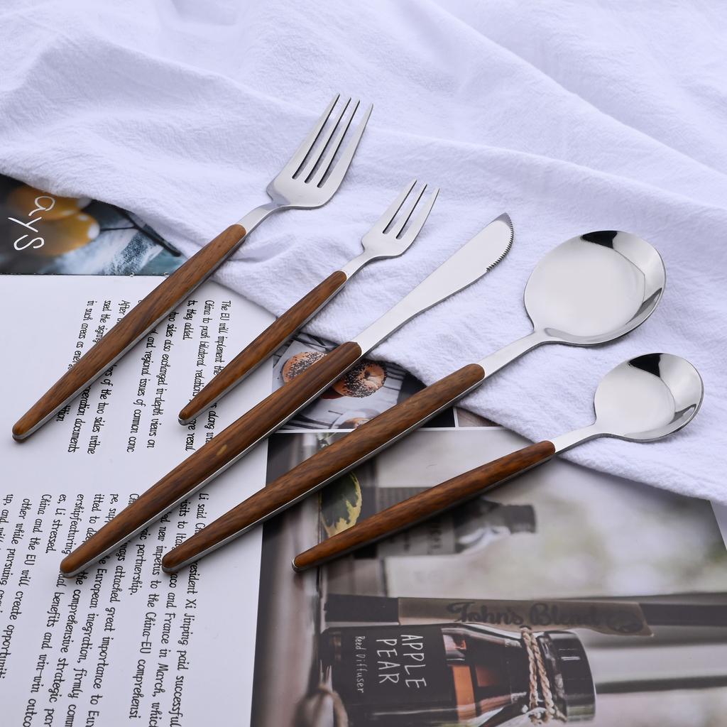 20 piezas/5 piezas de vajilla de acero inoxidable cuchillo tenedor cuchara espejo plata dorado mango de madera lavavajillas cocina cubiertos occidentales