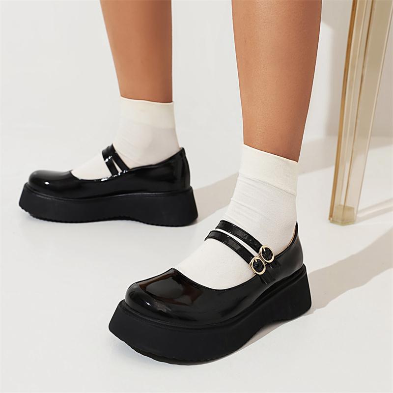 Women's Flats Fashion Flat Platform Black White Wedge Loafers Shoes Patent Leather Straps Mary Janes Shoes Girls
