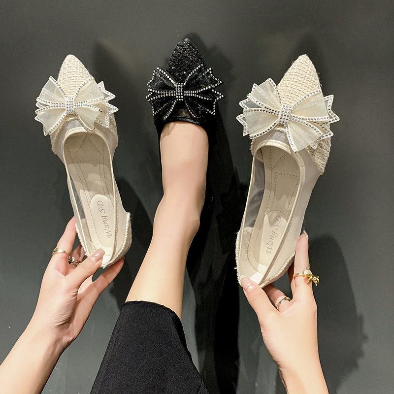 Xianfeng Flat-bottomed Mesh Student Evening Shoes Pointed Bow Shallow Mouth Summer Cool Hollow Single Shoes