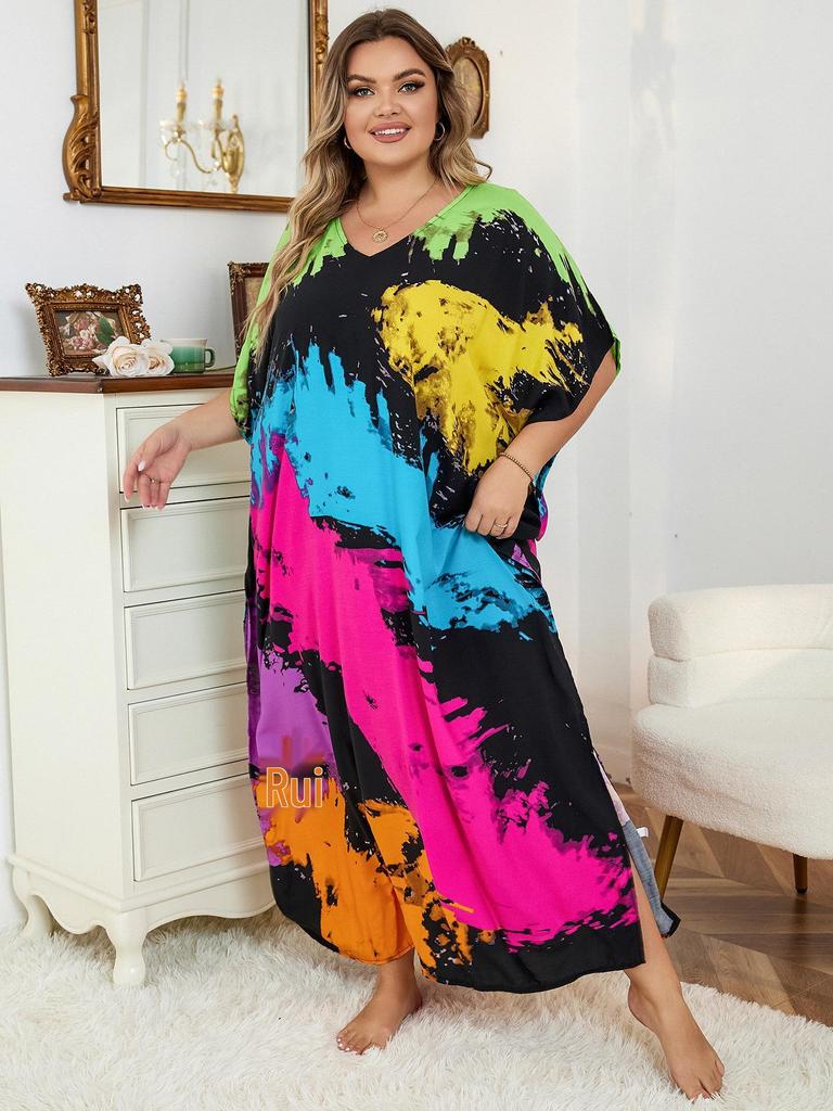 European-American Rayon Print Plus Size Beach Cover-Up Dress & Long Robe