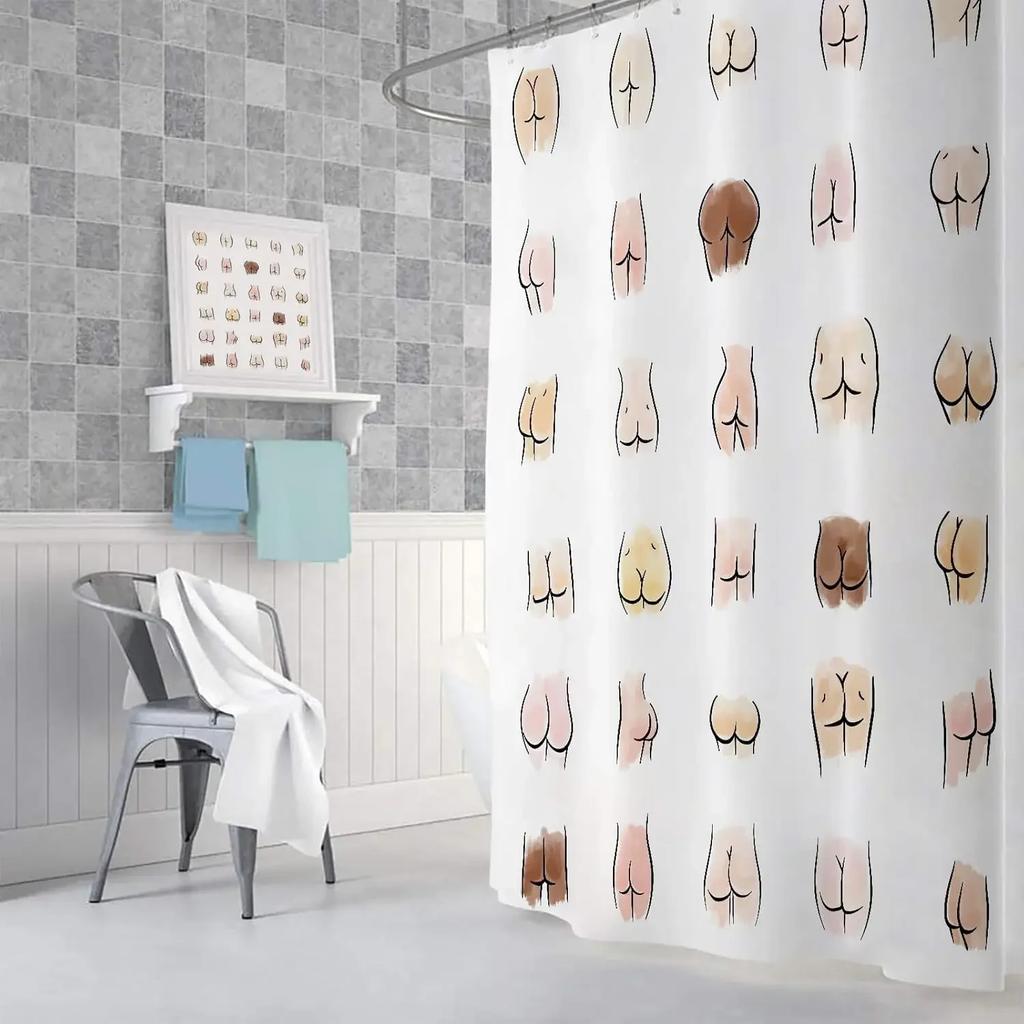 Bathroom Funny Shower Curtain, Funny Butt Hilarious Fabric White Toilet Decoration Accessories Shower Curtain with 12 Hooks