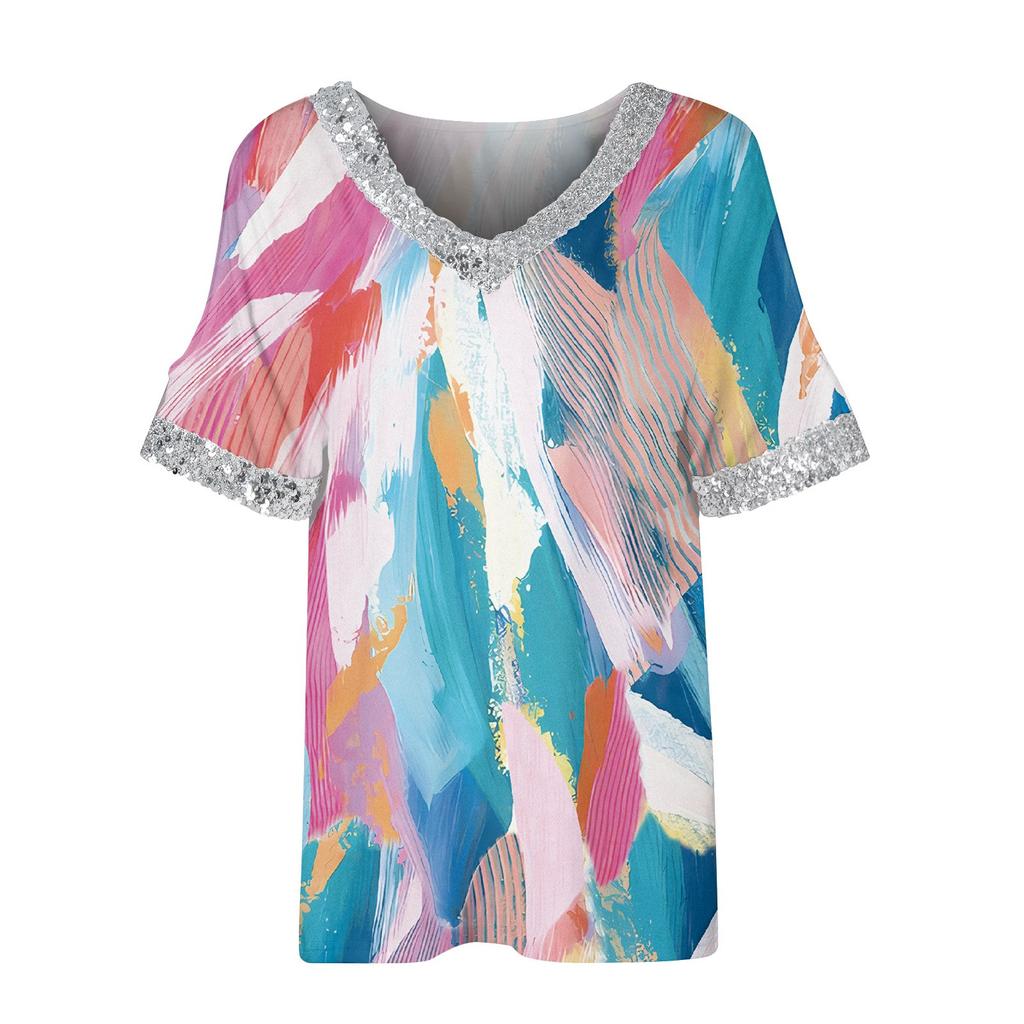 Damen-T-Shirt, bedruckt, V-Ausschnitt, Pailletten, kurzärmelig, Sommer, lässig, lockeres Oberteil