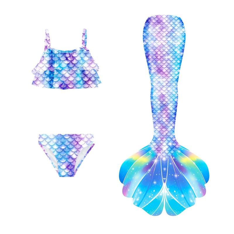 3Pcs Girls Mermaid Tail Swimsuit Children Memaid Swimwear Bikini Bathing Suit Halloween Costume Princess Beach Party Clothing
