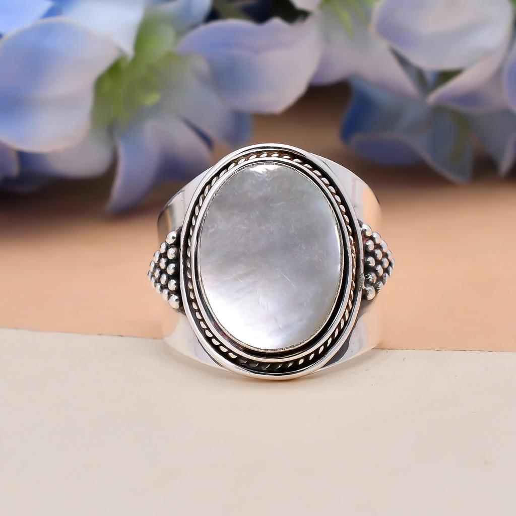 Mother Of Pearl - Australia 925 Sterling Silver Ring V5635, White Ring, Oval Ring, Valentin's Day Gift, Gift For Her, Birthday Gift, Handmade Jewelry,
