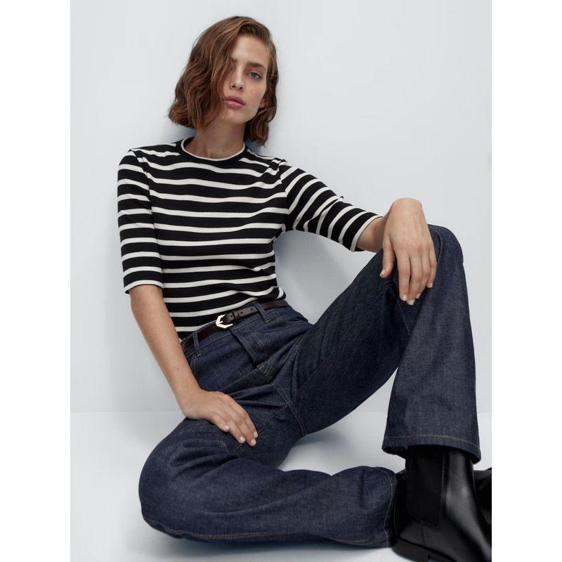 MD Women's Clothing 2024 Spring New Casual Version Half Length Short Sleeve Stripes Cotton T-shirt 06826560800