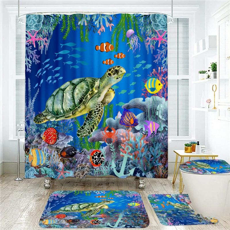 18 Colors 4Piece Marine Style Dolphin Waterproof Shower Curtain Set Anti-slip Mat Base Carpet Toilet Cover Pad Bathroom Kit