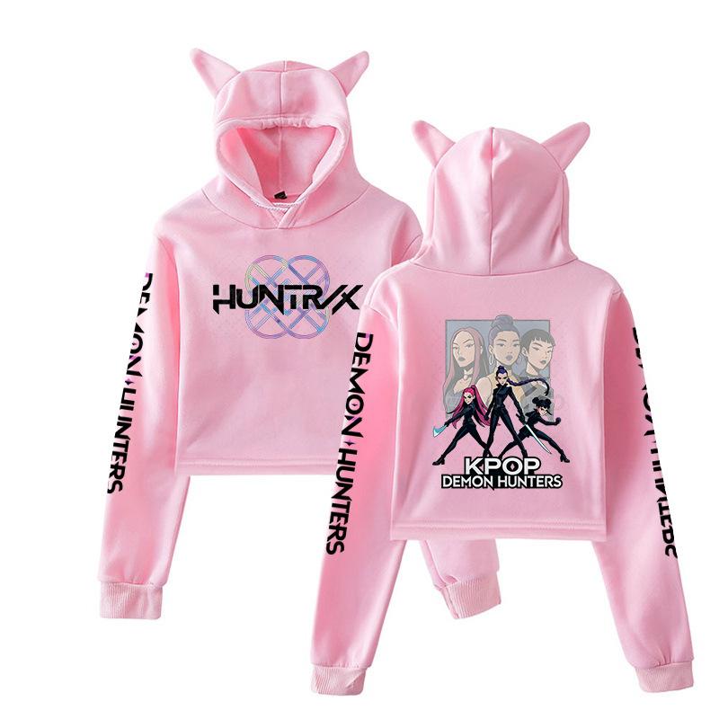 

K-pop Толстовки Охотники на демонов Мерч Толстовки Свитшот для девочек Кошачьи ушки Укороченный пуловер Повседневная одежда XXS розовый