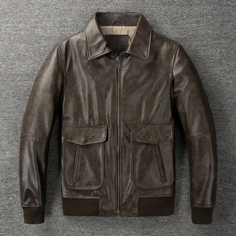 Flight Suit A2 Soft Genuine Cow Men Leather Jacket Brown Aviator Bomber Jackets Man Coat Spring Autumn