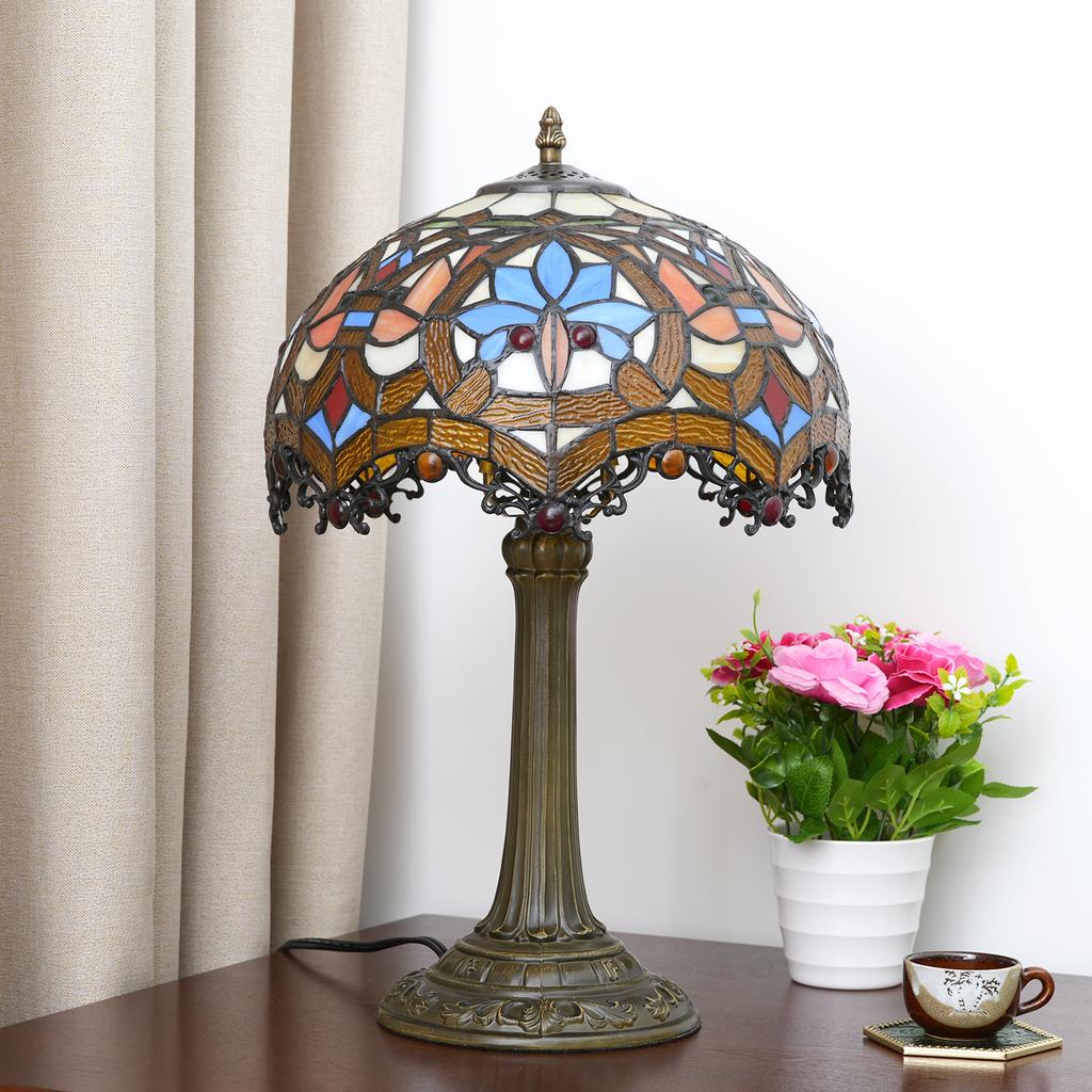 Yellow Peacock Tail Style Stained Glass Table Lamp Vintage Handmade Reading Lamp for Living Room Home Office Decor Light