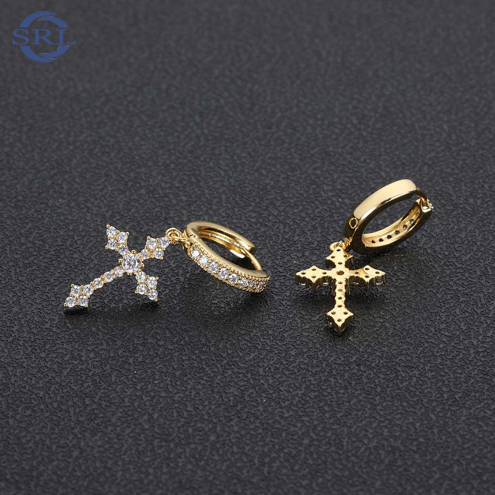 Luxury Cubic Zirconia Huggie Cross Earrings Hip Hop Icy Bling Jewelry Geometric Shape Gift Made Brass 18k