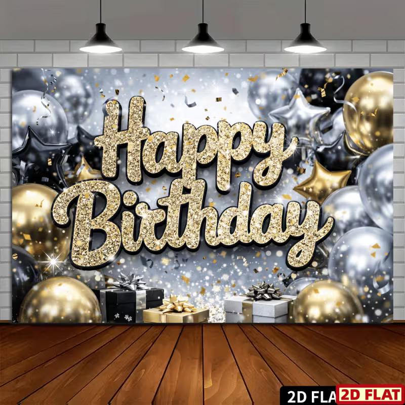 

2D Black Gold Silver Glitter Birthday Backdrop Banner Happy Birthday Gift Party Decor Background 47.2x31.5inch/120*80cm
