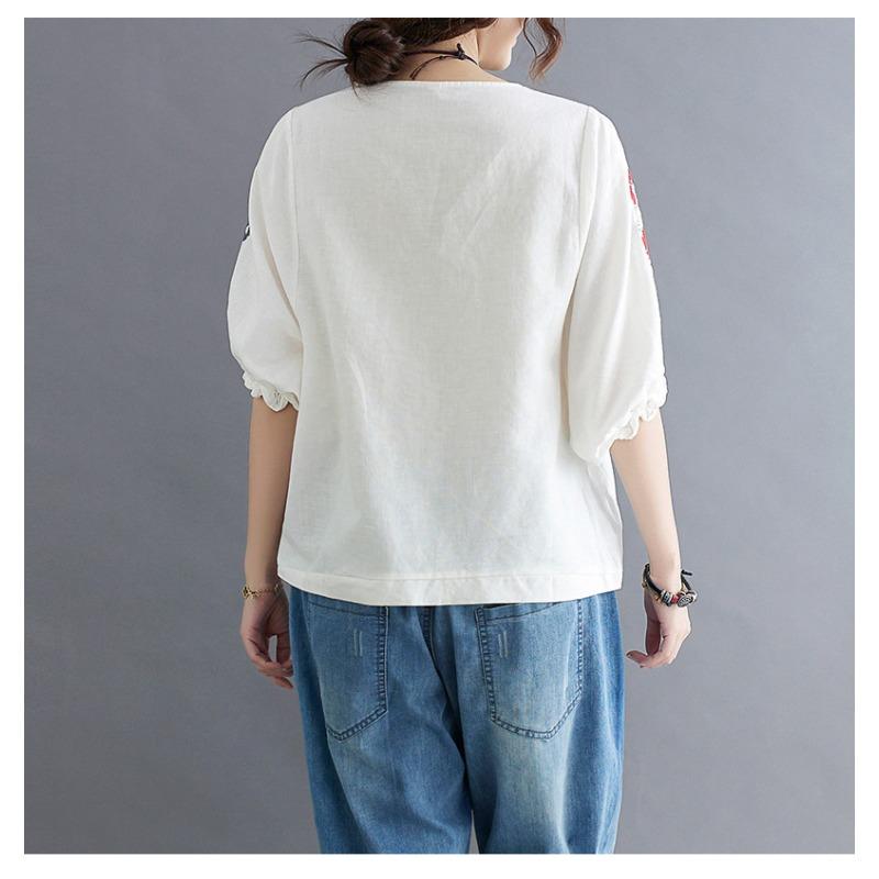 Letnia Nowość Styl Retro Literacki Luźna i Wszechstronna Etniczny Styl Bawełniana i Lniana Haftowana Koszula dla Kobiet