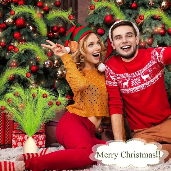 10 Pcs Green Christmas Picks Artificial Furry Green Curly Stems Xmas Tree Topper Ornaments with Red Ball for Christmas Wreath Craft Vase Fillers Home