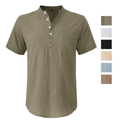Cotton Linen Shirts for Men Solid Color Short Sleeves Henley Collar Loose Shirt Holiday Hawaiian Beach Casual Wear Comfy Fashion Menswear