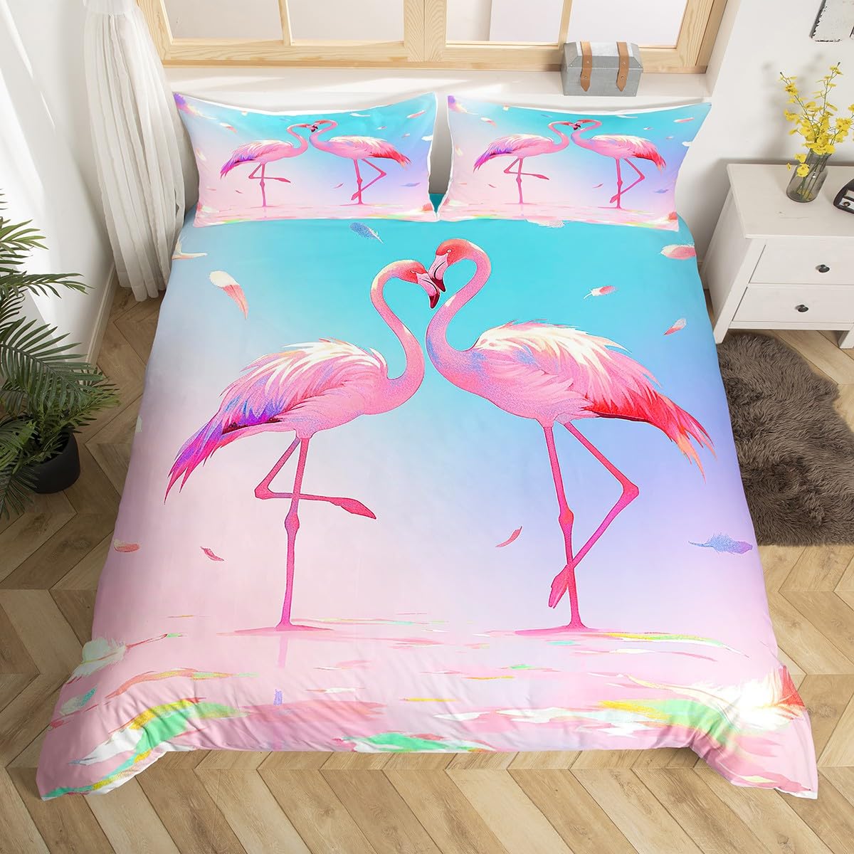Flamingo Dekbedovertrek Set Twin Queen Wild Tropisch Dier Dekbedhoes, Oceaan Zeekust Romantische Beddengoed Set, Jongens Meisjes Kamer Decor EU Single(135x200cm)