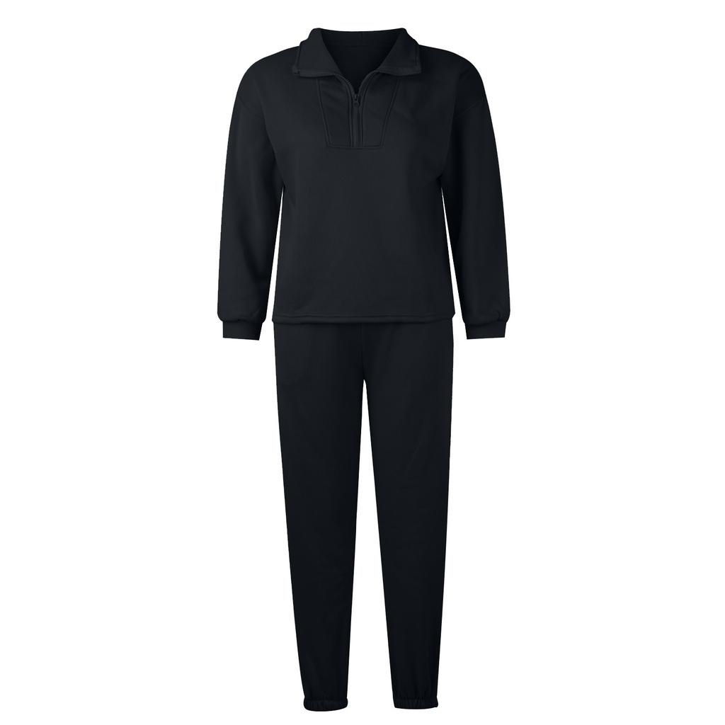 Summer Women's Color Long-sleeved Top Casual Elastic Zipper Pocket Trousers Sports Exercise Casual Loose Soft Two-piece Suit