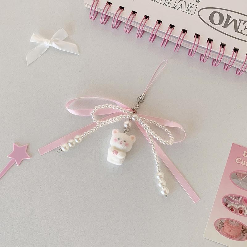 Stylish Flocking Bear Keychain With Pearls Accent and Ribbon Bowknot Stylish Purse Or Car Key Holder Accessory