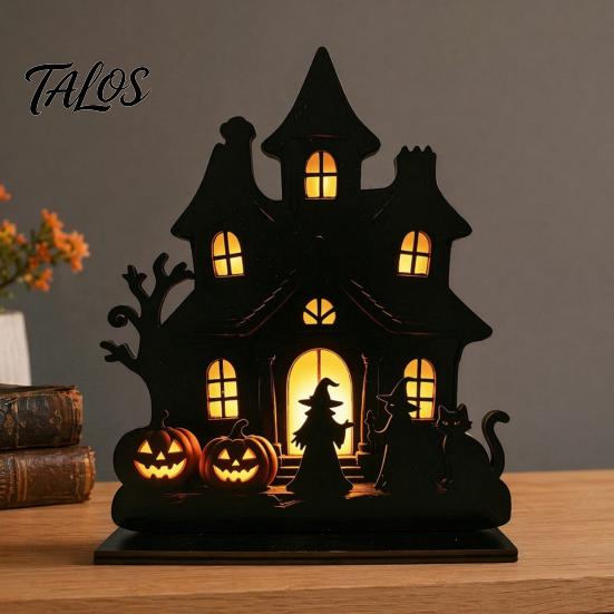 Talos Witch Wooden Table Centerpiece, Spooky Castle Black Cat Standing Tabletop Ornament for Halloween Party, Desk Tiered Tray Decor