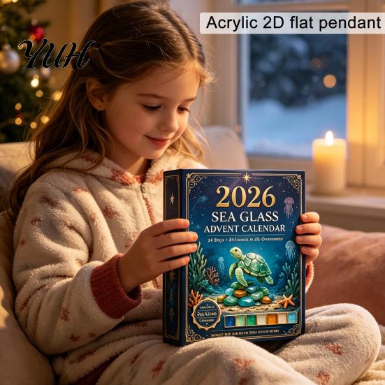 Festive Desktop Ornaments Sea Glass Marine Life Advent Calendar, 24 Day Countdown Box Home Decor with Ocean Animal Acrylic Ornaments, Tree Hanging