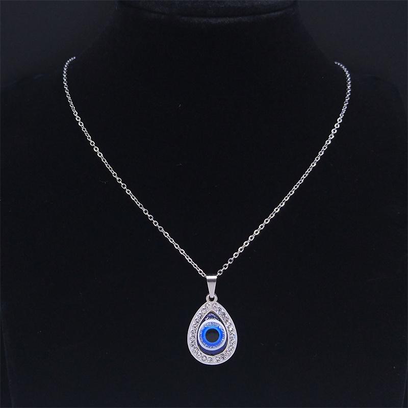 Turkish Evil Eye Necklace Stainless Steel Silver Color Blue Lucky Eyes Water Drop Necklaces Jewelry Collier Femme N8366S01