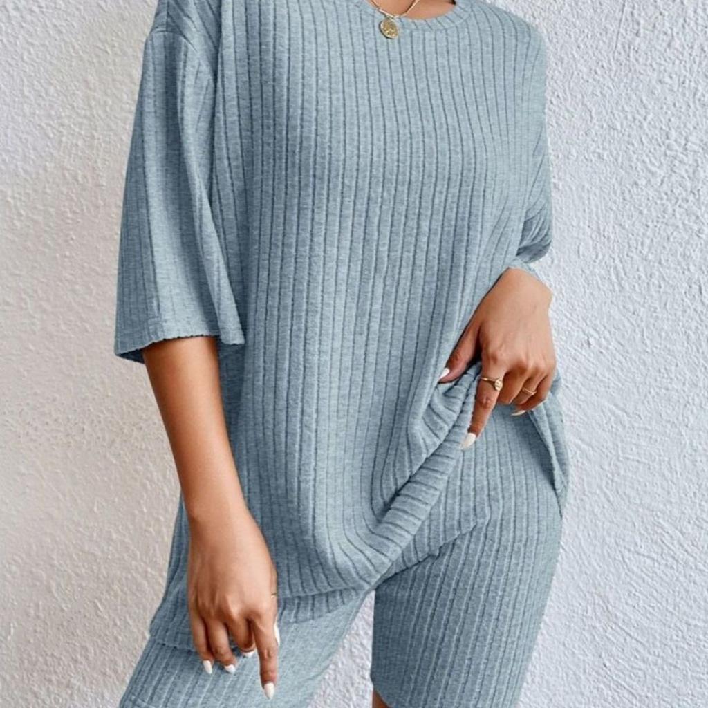 Fashion Casual Solid Color Spring And Autumn Knitted Loose Women's Thin Shorts New Two-piece Suit