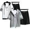 1 Set Summer Men Hoodie Shorts Color Block Letter Print Korean Style Hooded Outfit for Daily Wear