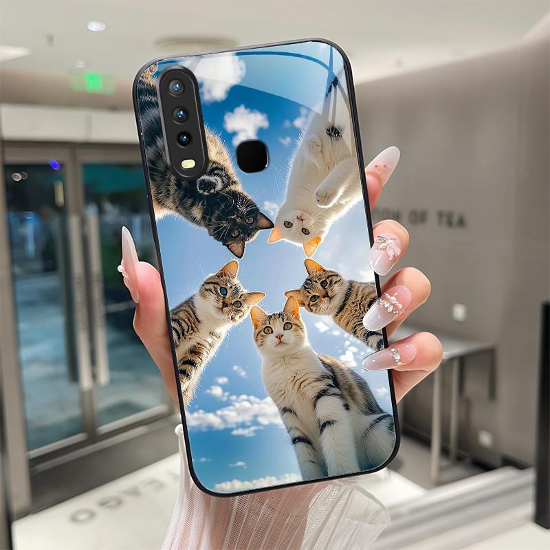 Beautiful Flower Cute Cats Case For Vivo Y11 2019 1906 Y12 Y17 Y15 Y19 Tempered Glass Phone Case Protective Cover Hard Shell