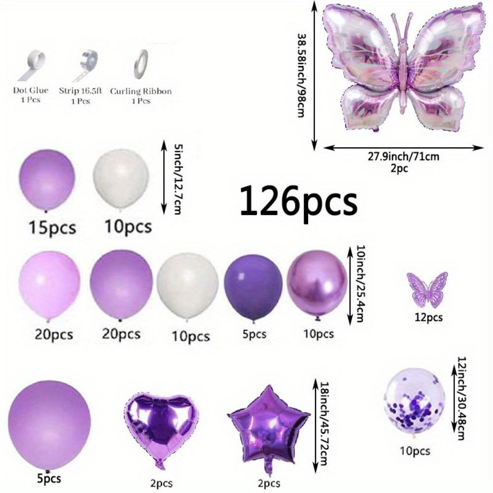 126pcs Purple Butterfly Balloon Set containing butterfly shaped aluminum balloons for birthday, wedding decoration.