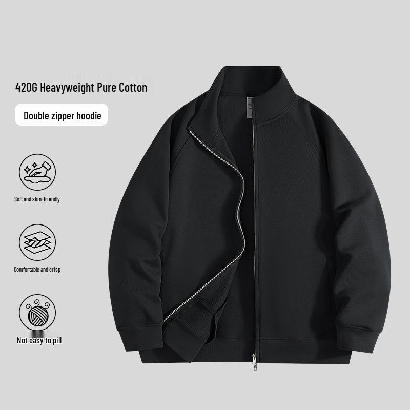 

Мужская толстовка с капюшоном на молнии, плотный хлопок 420 г, воротник-стойка - Серая, Весна/Осень, Свободный крой, Универсальная кофта. L