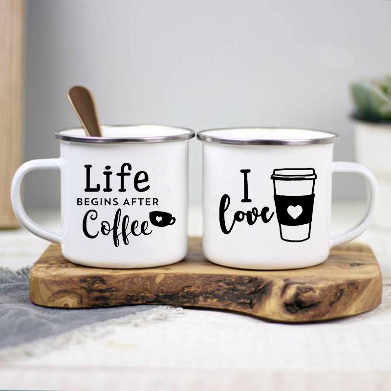 Life Begins After Coffee Print Mugs Creative Coffee Tea Drink Dessert Breakfast Milk Cup Enamel Mugs Handle Drinkware Best Gifts